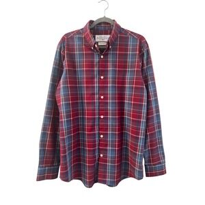 Mizzen+Main Mens Large Red Blue Plaid Button‎ Down Dress Shirt American Made